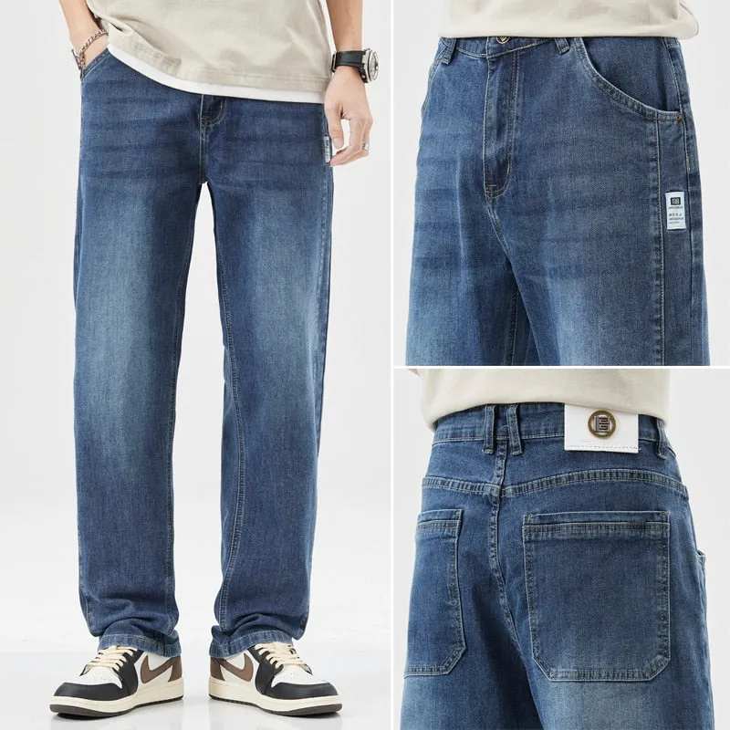 2023 Summer New Lightweight Straight Loose Men&#39;s Casual Denim Jeans Classic Mid To High Waist Thin Cotton Stretch Pants Blue