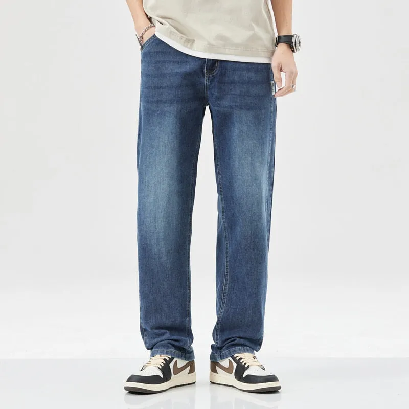 2023 Summer New Lightweight Straight Loose Men&#39;s Casual Denim Jeans Classic Mid To High Waist Thin Cotton Stretch Pants Blue