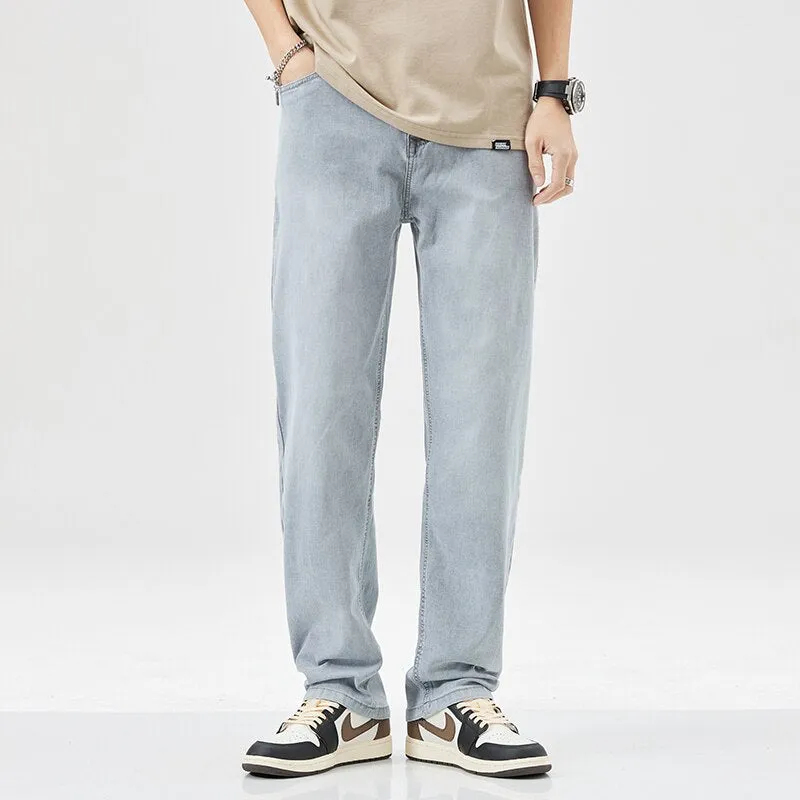 2023 Summer New Lightweight Straight Loose Men&#39;s Casual Denim Jeans Classic Mid To High Waist Thin Cotton Stretch Pants Blue