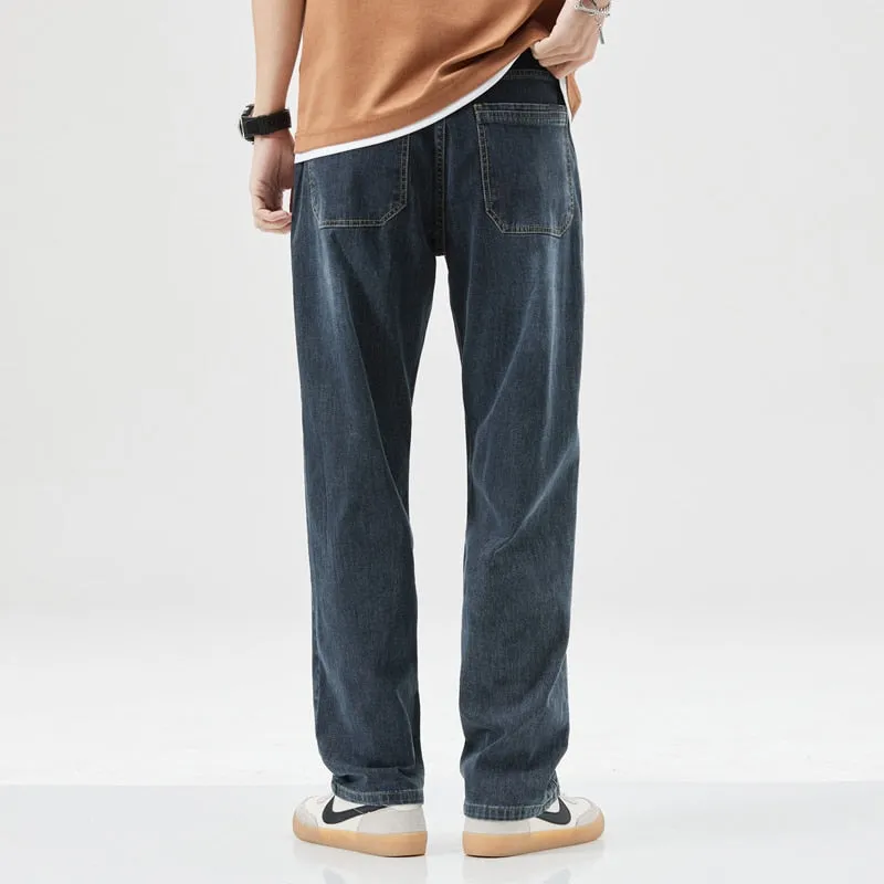 2023 Summer New Lightweight Straight Loose Men&#39;s Casual Denim Jeans Classic Mid To High Waist Thin Cotton Stretch Pants Blue