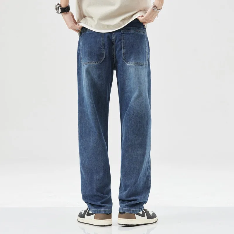 2023 Summer New Lightweight Straight Loose Men&#39;s Casual Denim Jeans Classic Mid To High Waist Thin Cotton Stretch Pants Blue