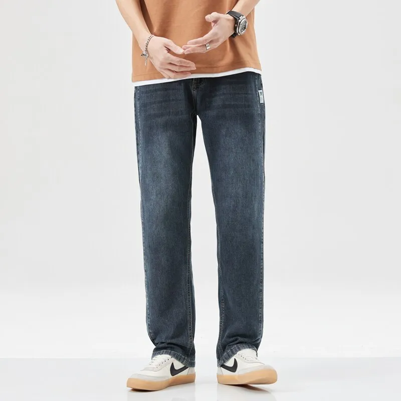 2023 Summer New Lightweight Straight Loose Men&#39;s Casual Denim Jeans Classic Mid To High Waist Thin Cotton Stretch Pants Blue