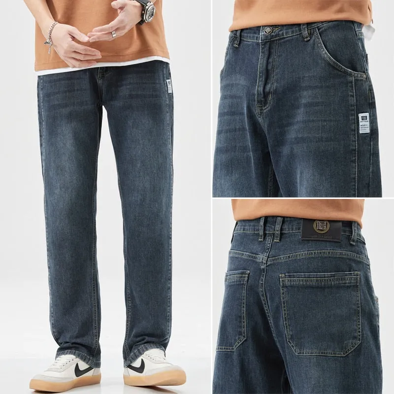 2023 Summer New Lightweight Straight Loose Men&#39;s Casual Denim Jeans Classic Mid To High Waist Thin Cotton Stretch Pants Blue