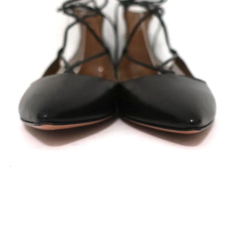 Aquazzura Christy Lace-Up Flats Black Leather Size 38.5 NEW