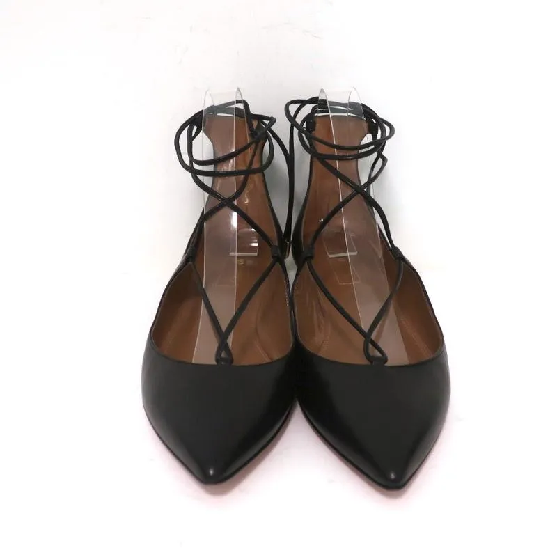 Aquazzura Christy Lace-Up Flats Black Leather Size 38.5 NEW