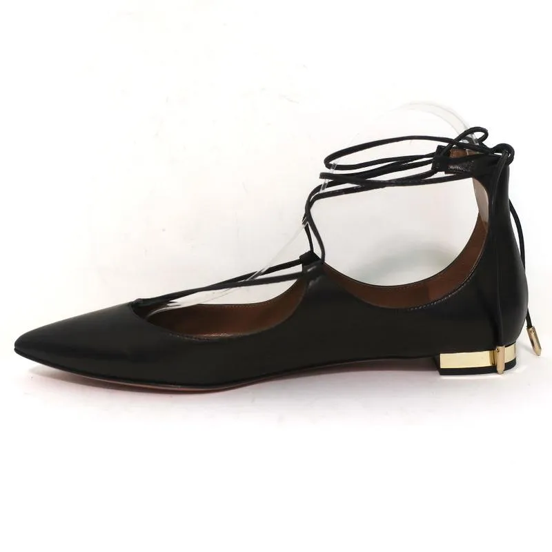 Aquazzura Christy Lace-Up Flats Black Leather Size 38.5 NEW