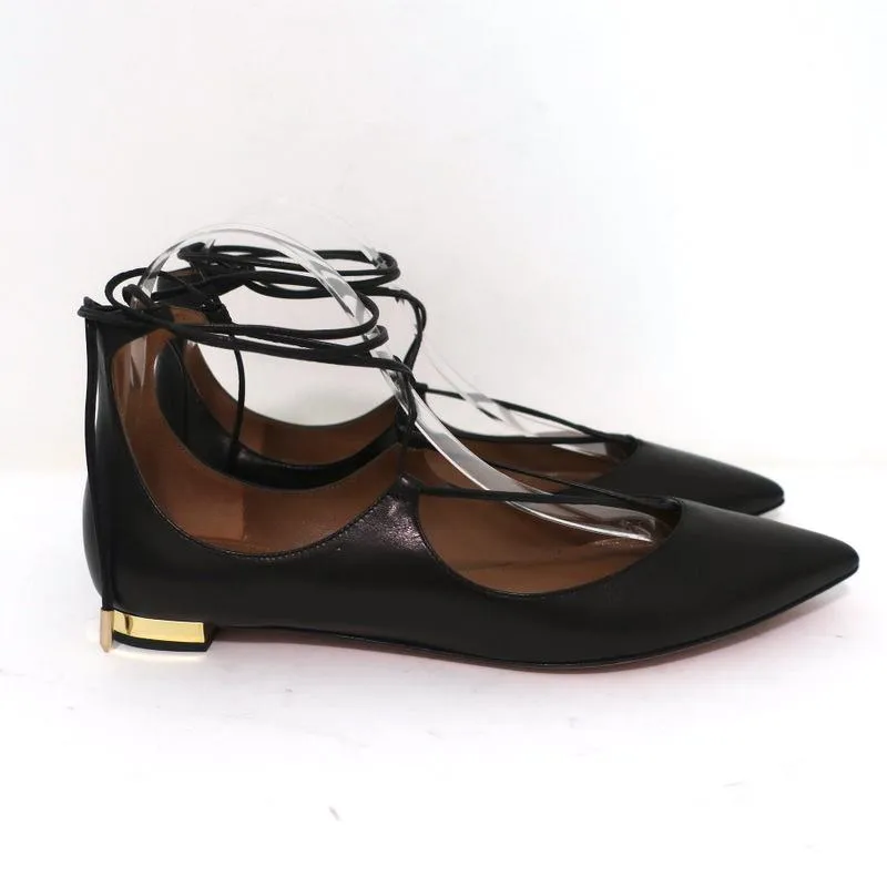 Aquazzura Christy Lace-Up Flats Black Leather Size 38.5 NEW