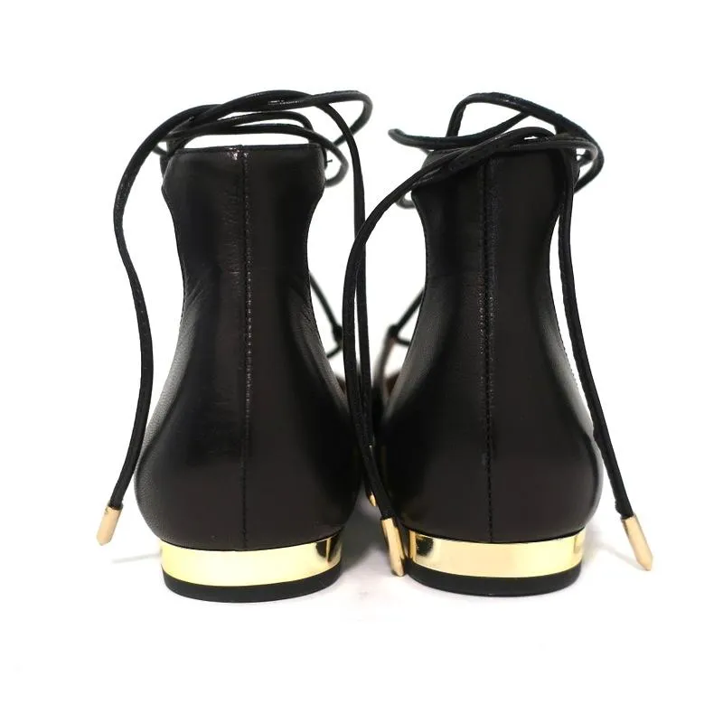 Aquazzura Christy Lace-Up Flats Black Leather Size 38.5 NEW