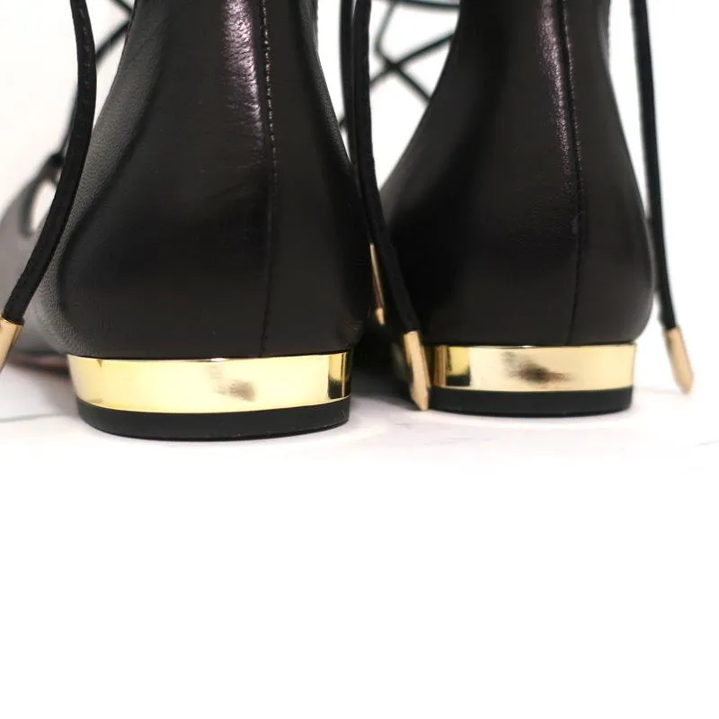 Aquazzura Christy Lace-Up Flats Black Leather Size 38.5 NEW