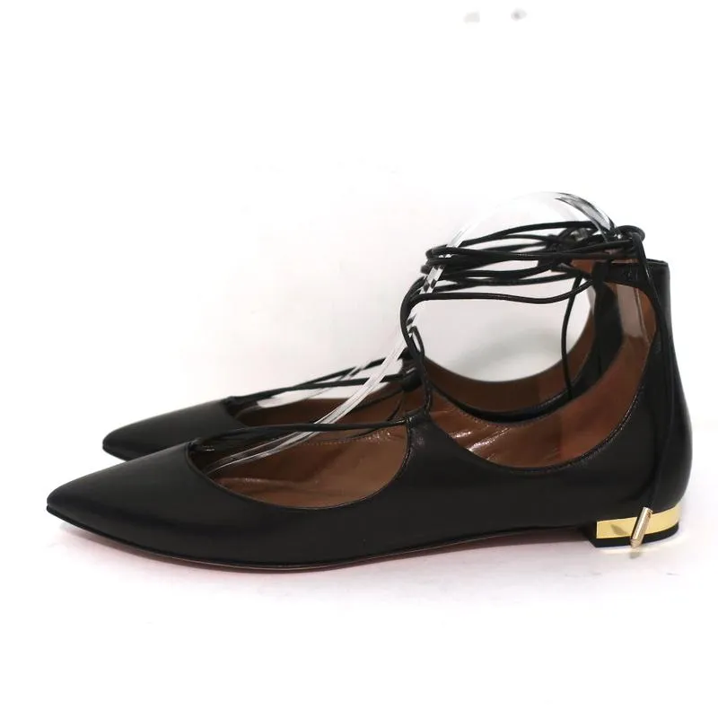 Aquazzura Christy Lace-Up Flats Black Leather Size 38.5 NEW