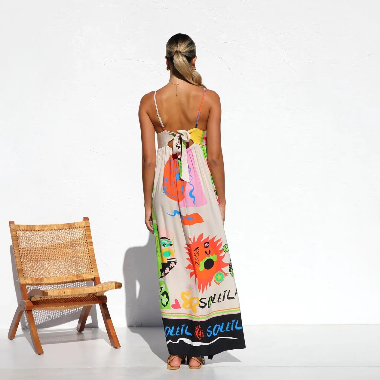 Artistic Print Maxi Dress with Spaghetti Straps