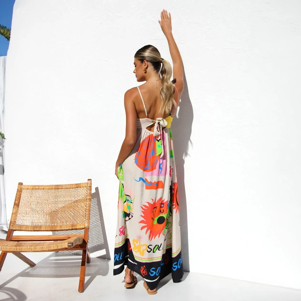 Artistic Print Maxi Dress with Spaghetti Straps