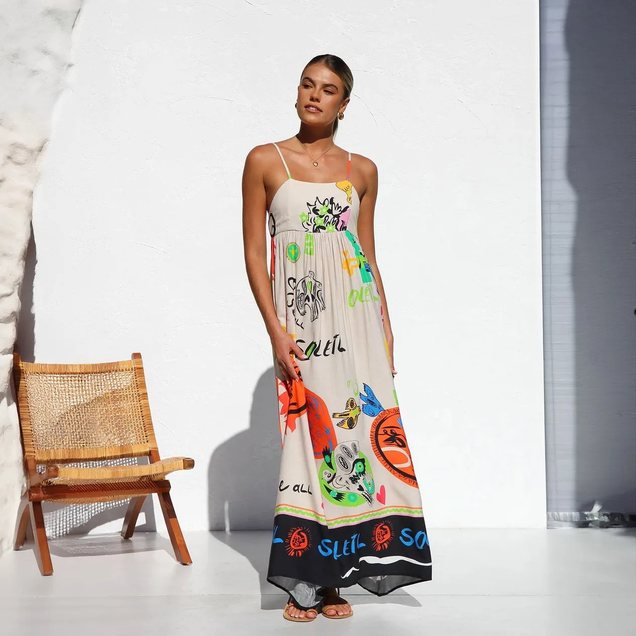 Artistic Print Maxi Dress with Spaghetti Straps