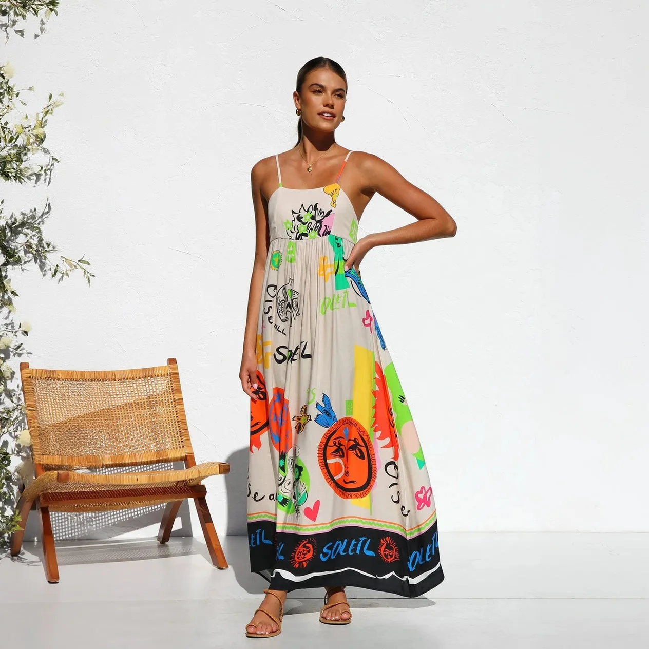 Artistic Print Maxi Dress with Spaghetti Straps