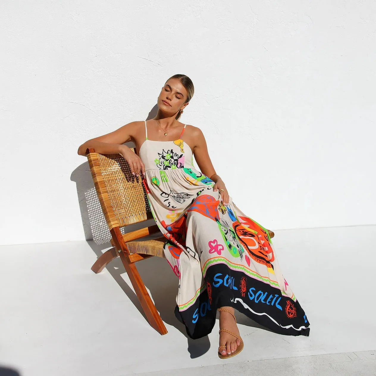 Artistic Print Maxi Dress with Spaghetti Straps