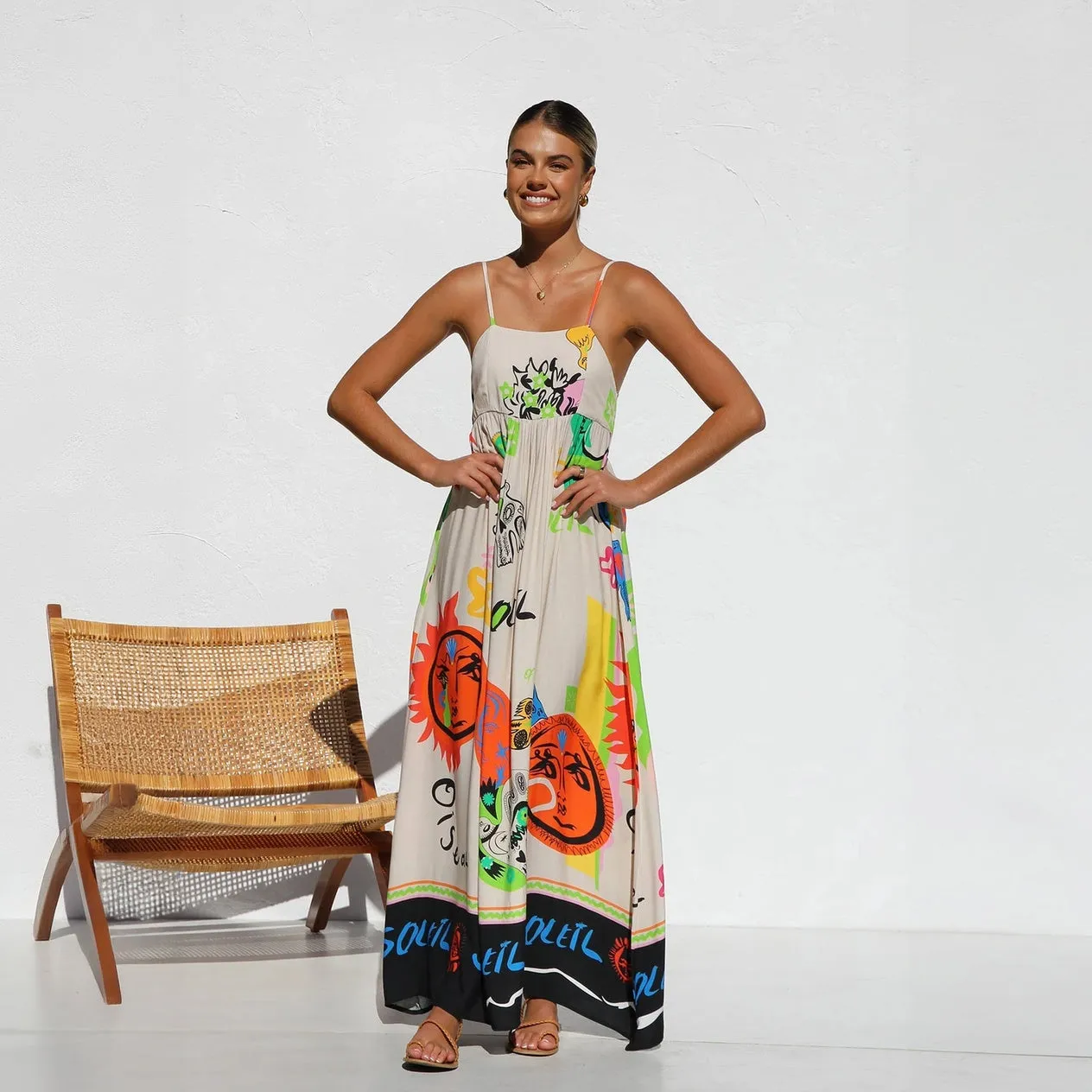 Artistic Print Maxi Dress with Spaghetti Straps