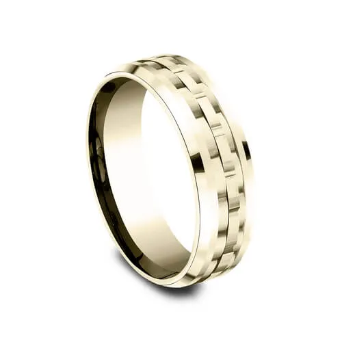 Benchmark 14K Yellow Gold Link Patterned Center Drop Bevel Men's Wedding Band CF40767214KY