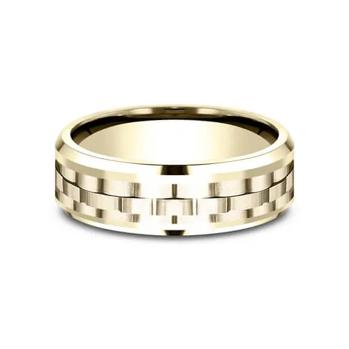 Benchmark 14K Yellow Gold Link Patterned Center Drop Bevel Men's Wedding Band CF40767214KY