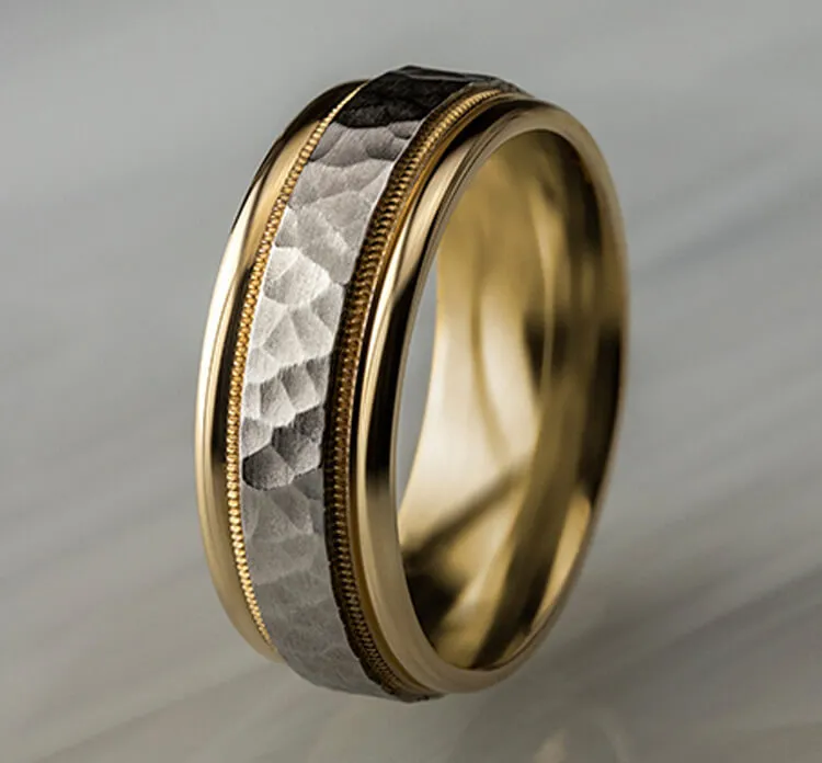 Benchmark Two Tone Comfort-Fit 8mm Hammered-Finish Milgrain Edge Men's Band CF15830814KWY