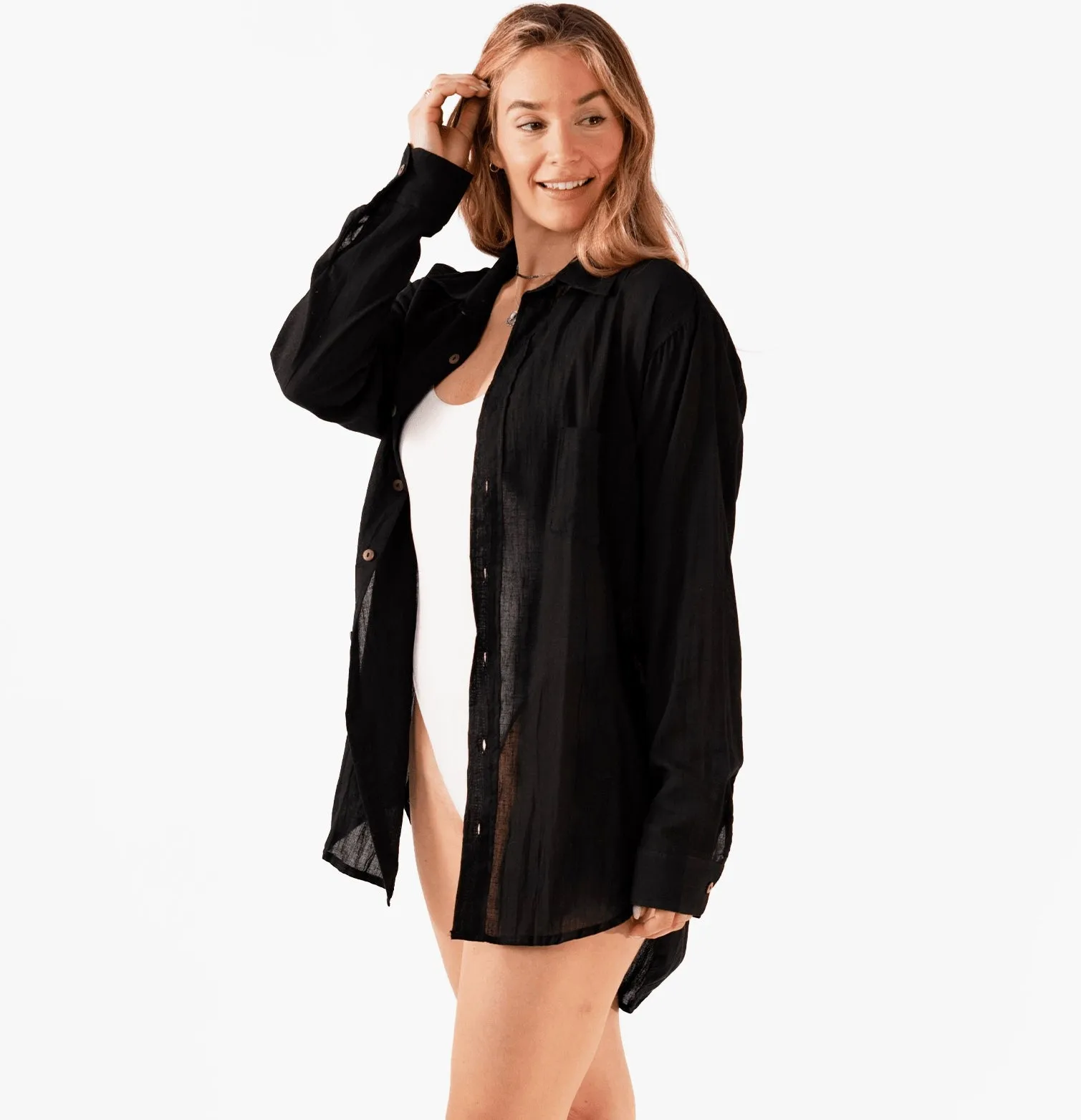 Black Boyfriend Button Up Cotton Top - Medium