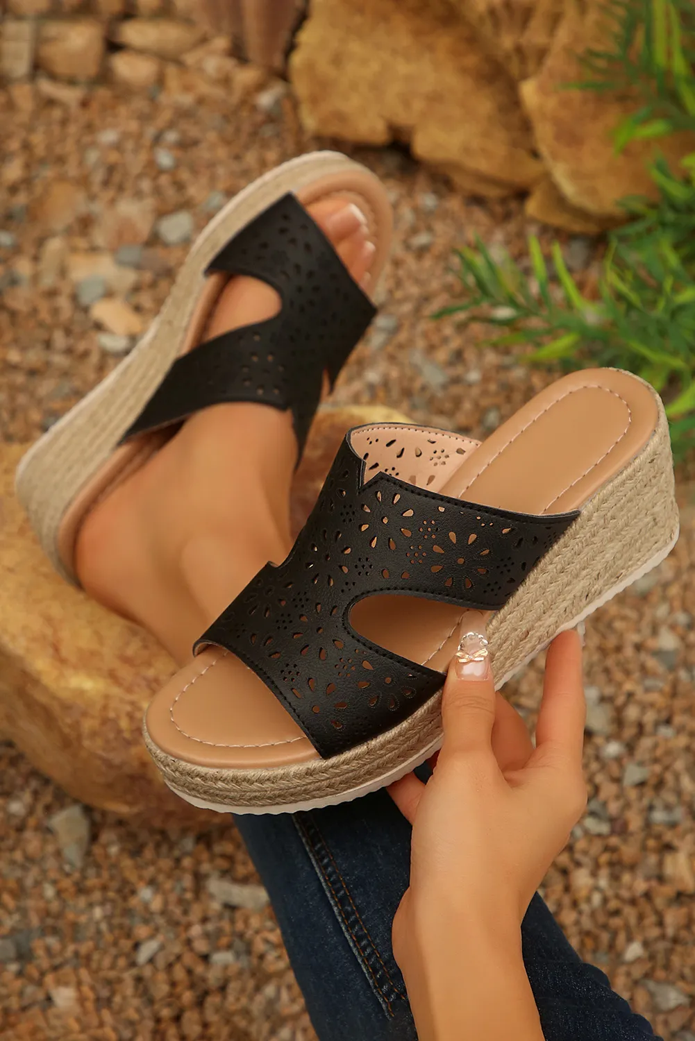 Black Flower Hollow Out Leather Wedge Slippers