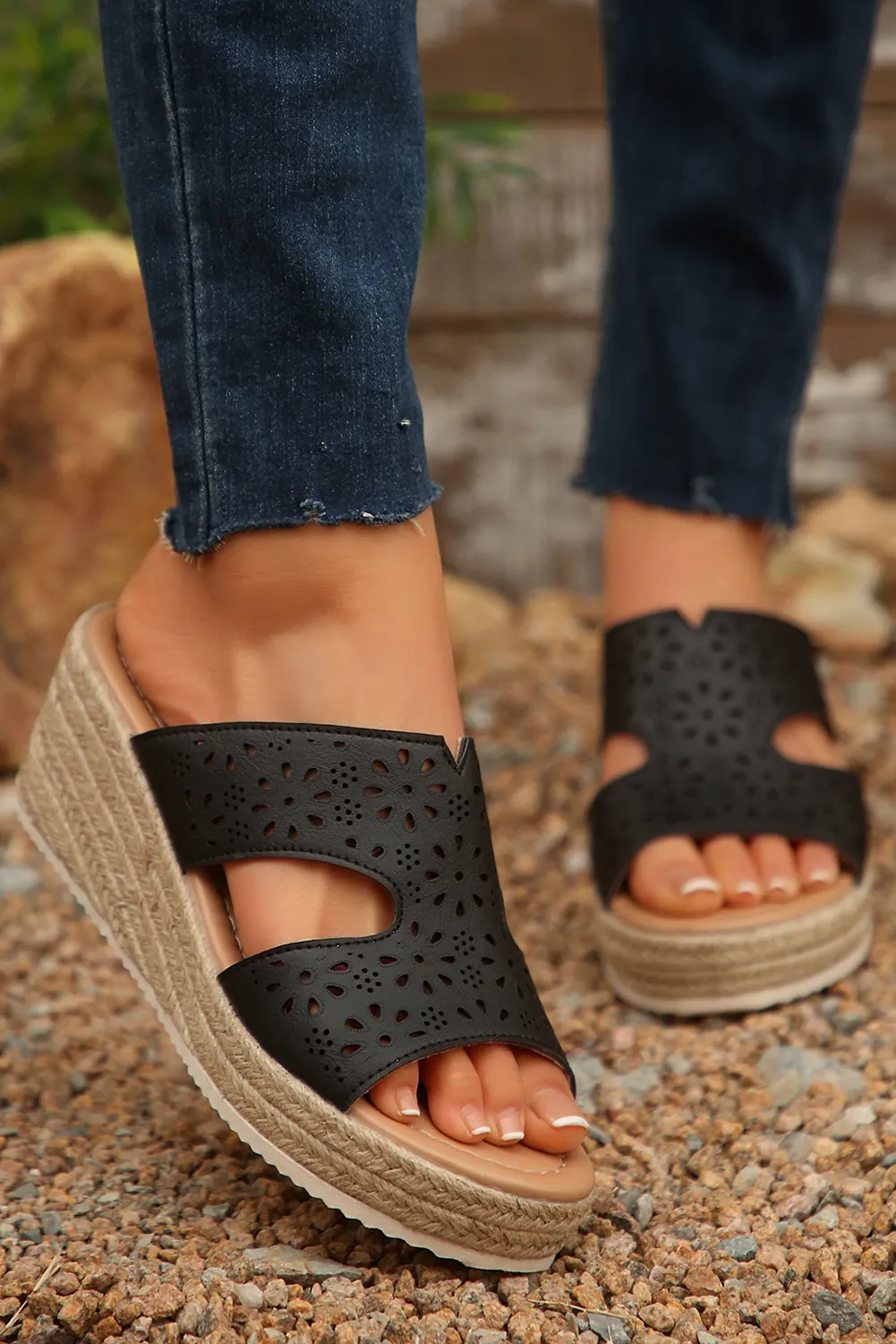 Black Flower Hollow Out Leather Wedge Slippers