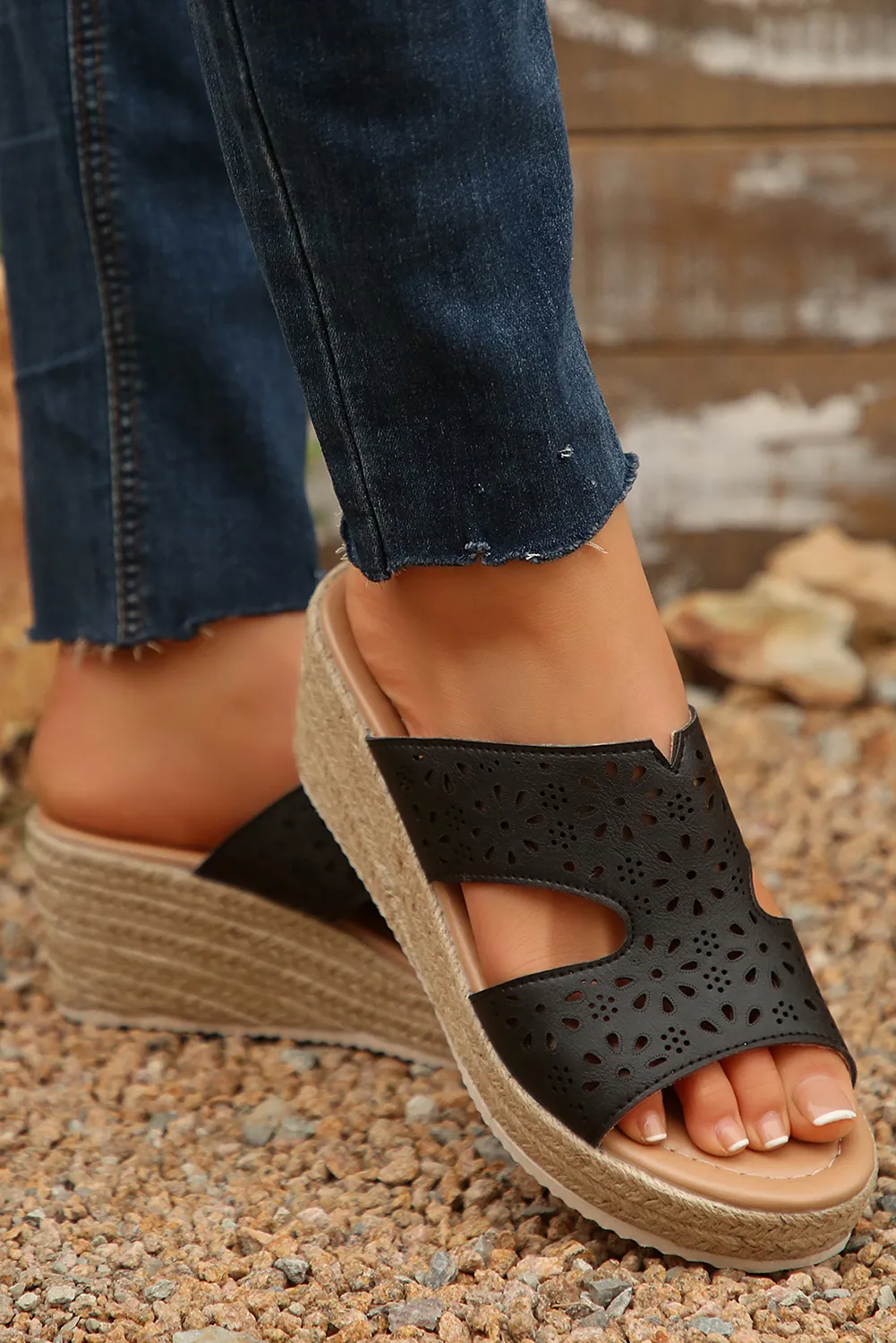 Black Flower Hollow Out Leather Wedge Slippers