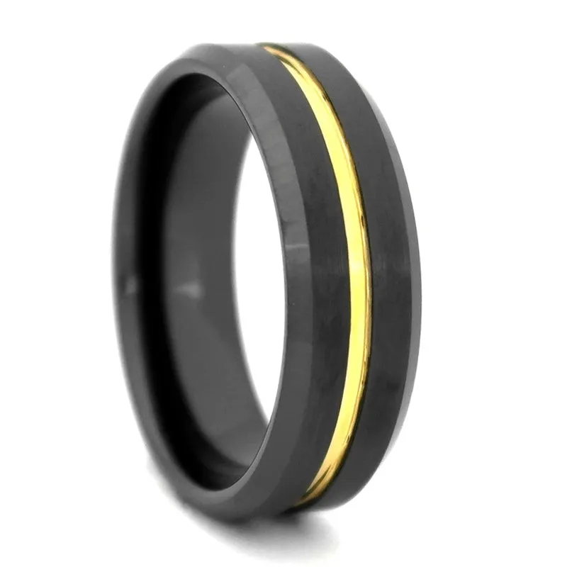 Black High-Tech Ceramic Band with Gold Color Plated Groove, Size 9 (91862)