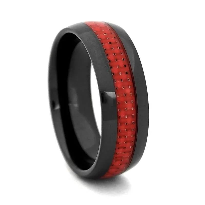 Black High-Tech Ceramic Wedding Band with Red Carbon Fiber Inlay, Size 10 (91589)