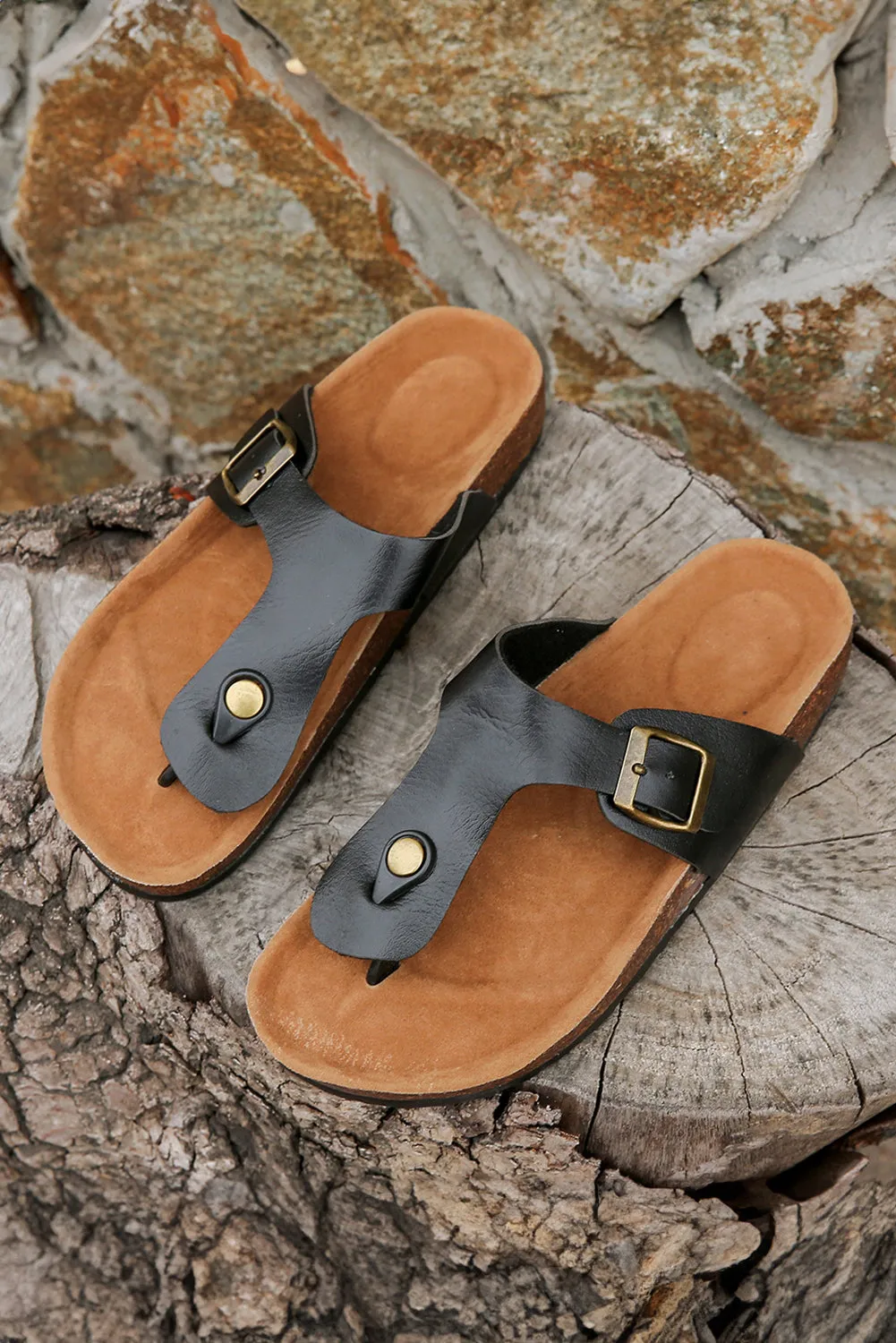 Black Vintage Buckle Leather Thong Slippers