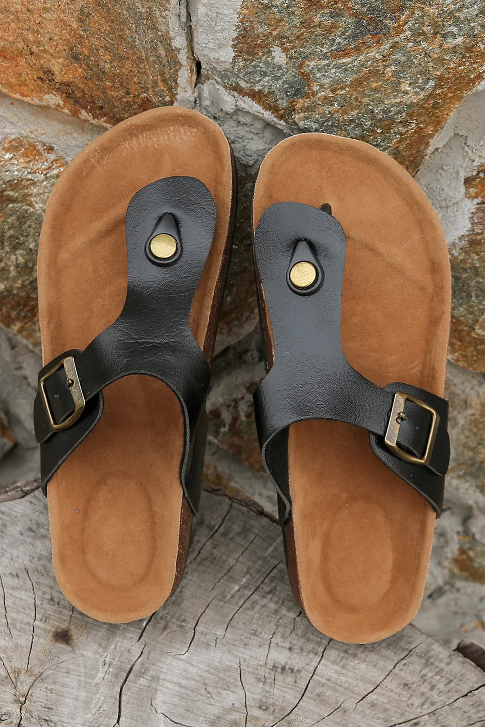 Black Vintage Buckle Leather Thong Slippers