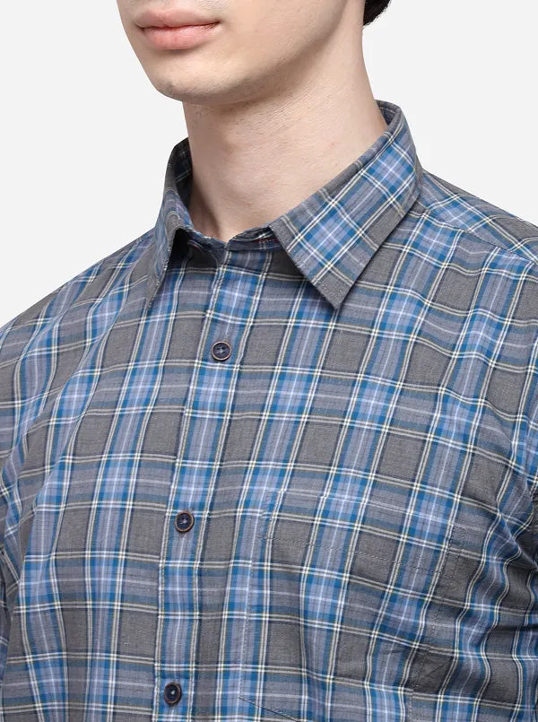 Blue & Grey Slim Fit Checked Casual Shirt | JadeBlue