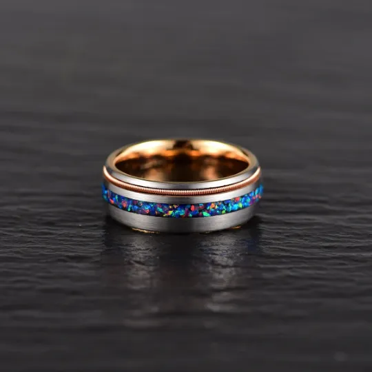 Blue Knight Ring - Crushed Opal Rose Tungsten Men's Wedding Band 8MM