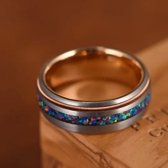 Blue Knight Ring - Crushed Opal Rose Tungsten Men's Wedding Band 8MM