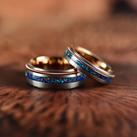 Blue Knight Ring - Crushed Opal Rose Tungsten Men's Wedding Band 8MM