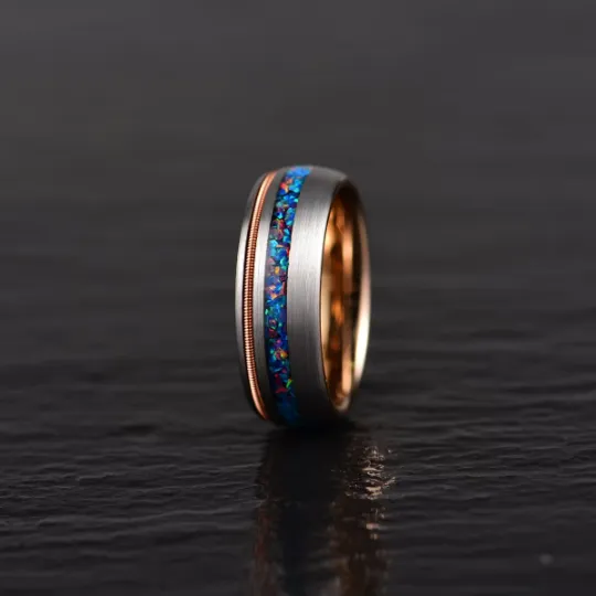 Blue Knight Ring - Crushed Opal Rose Tungsten Men's Wedding Band 8MM