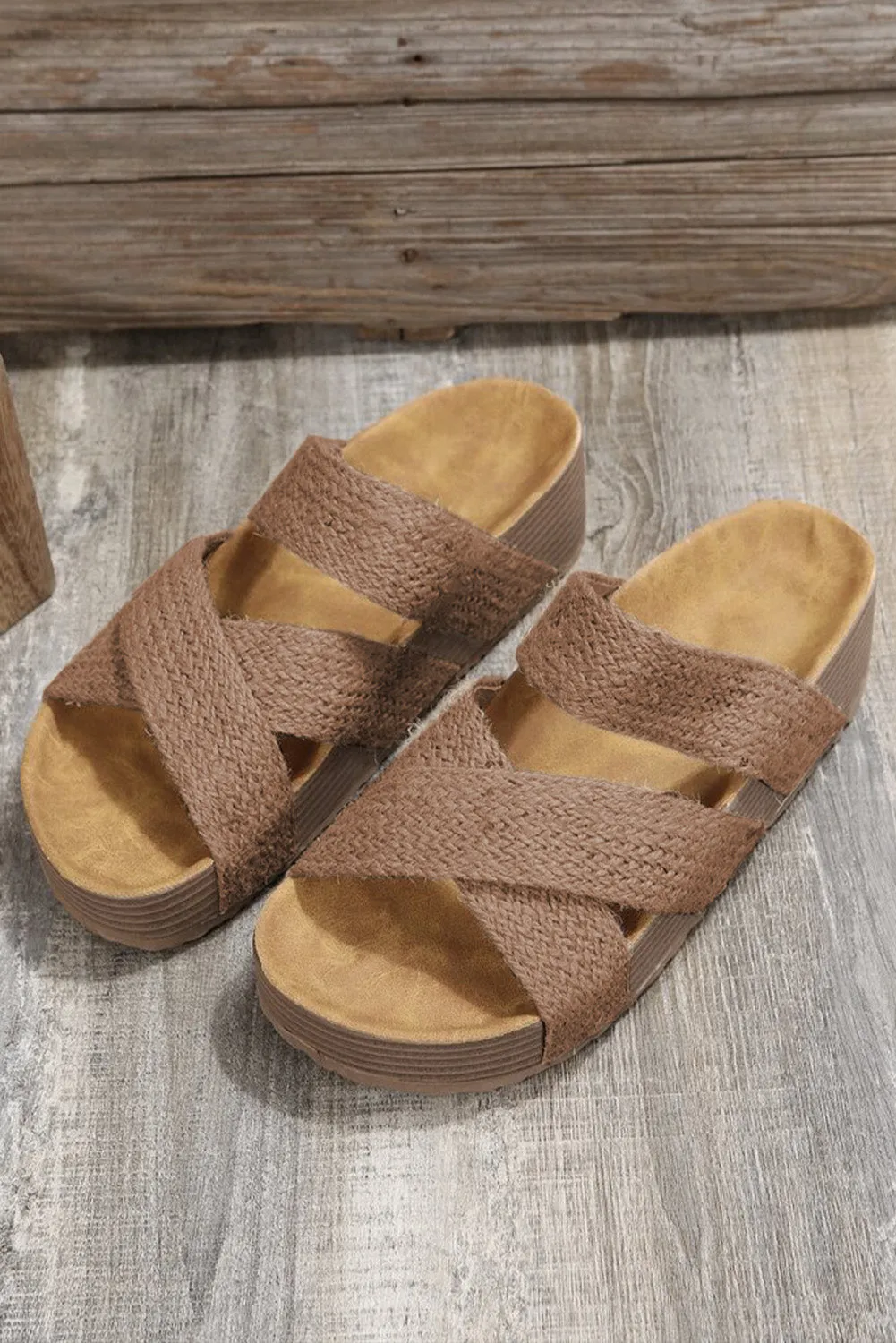 Brown Linen Woven Cross Criss Hollowed Slip-On Slippers