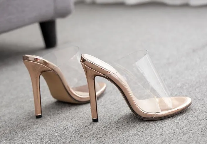 Champagne Slippers Open Toed Sexy Thin Transparent Heel Sandals