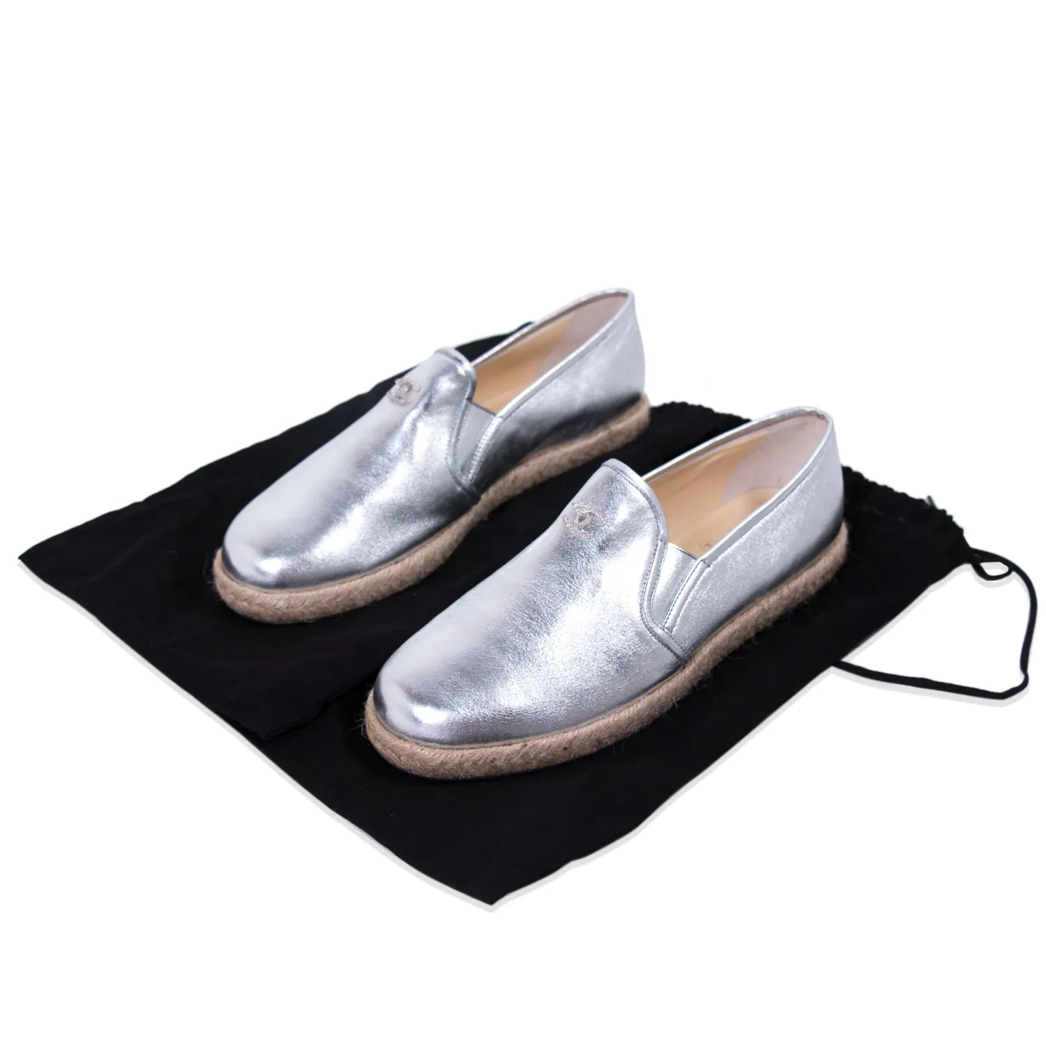 Chanel Silver Metallic Leather Espadrilles