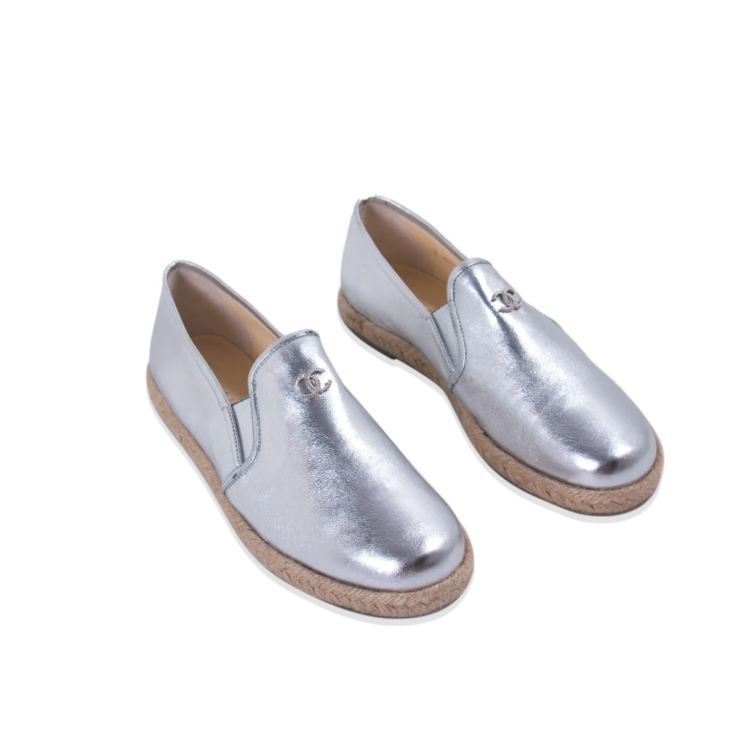Chanel Silver Metallic Leather Espadrilles