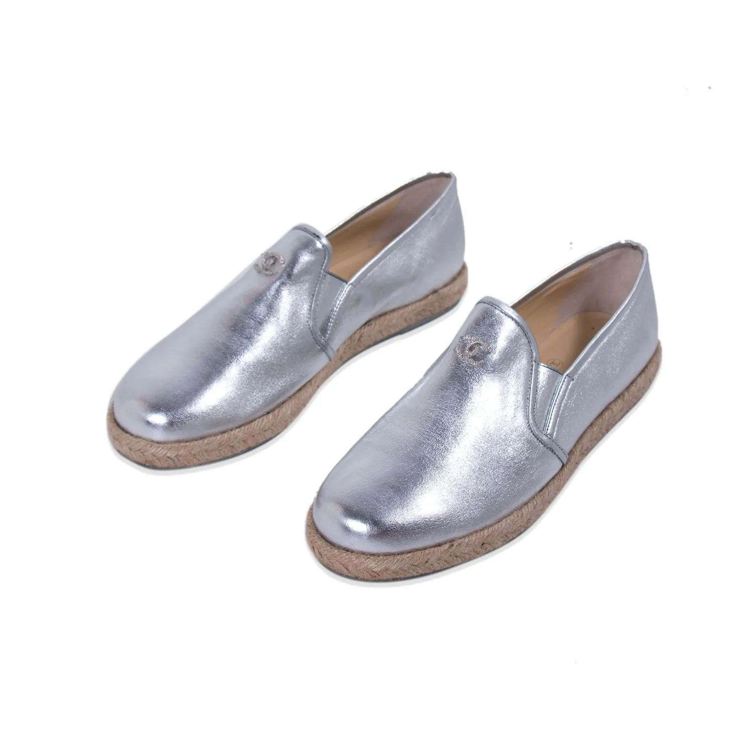 Chanel Silver Metallic Leather Espadrilles