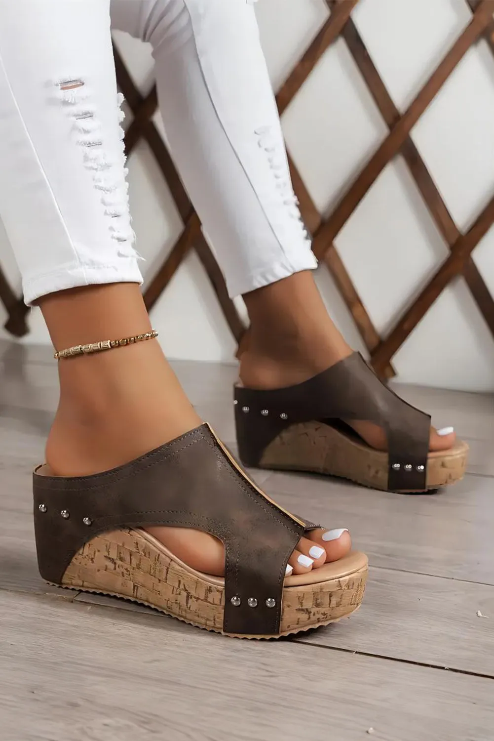 Chestnut Hollow Out Studded Leather Wedge Slippers