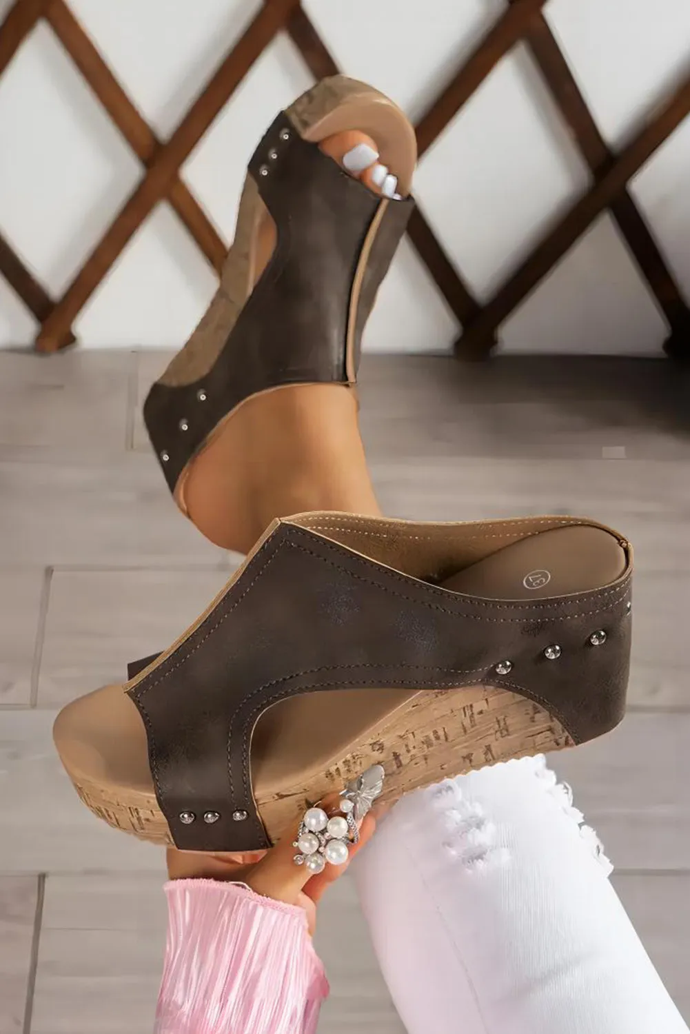 Chestnut Hollow Out Studded Leather Wedge Slippers
