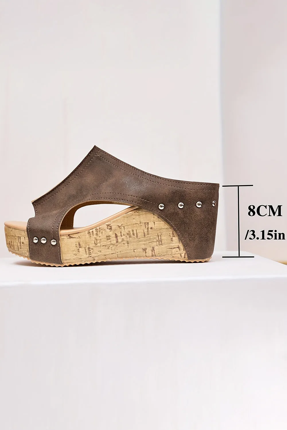 Chestnut Hollow Out Studded Leather Wedge Slippers