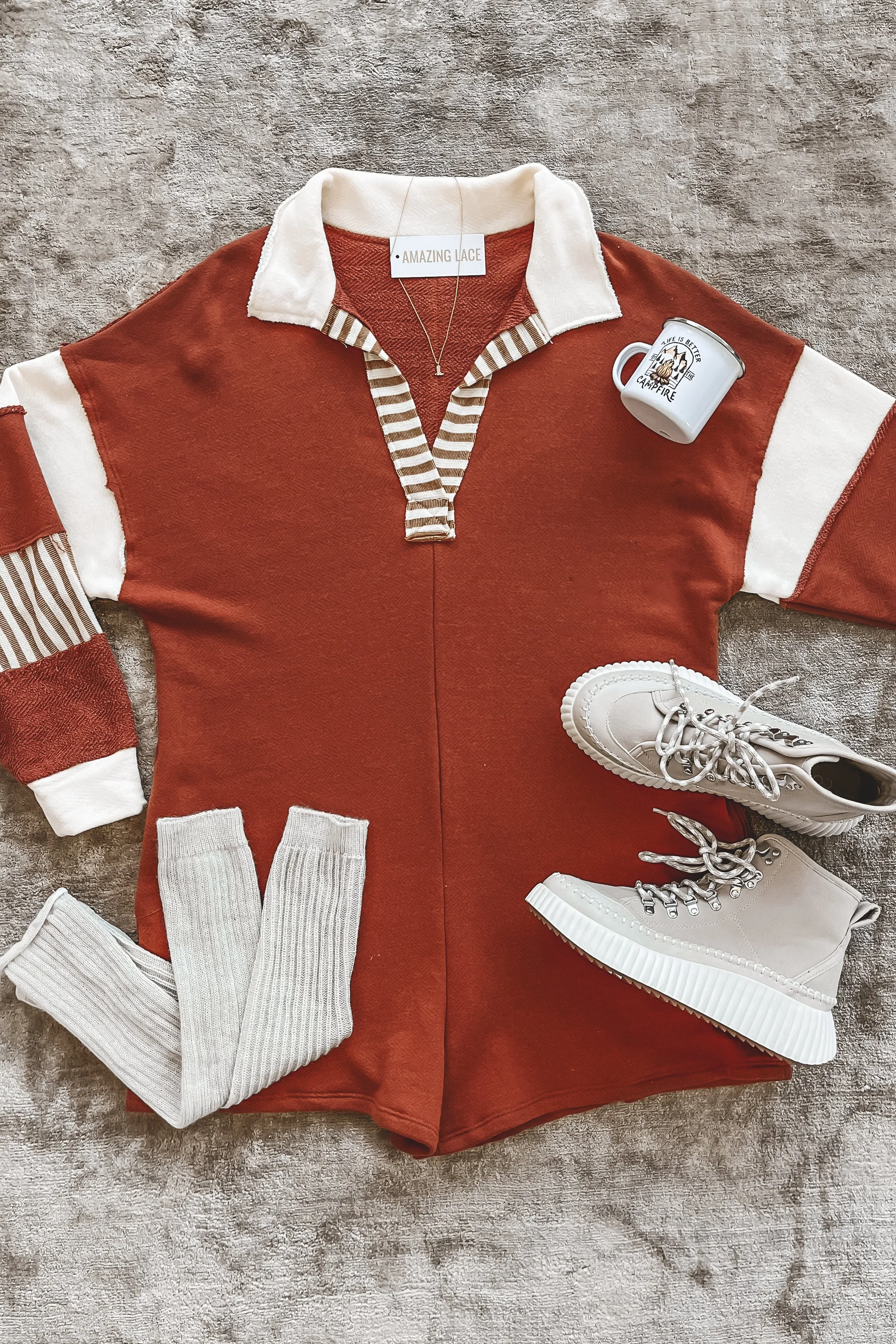 Cooler Than Cool Rust Color Block Casual Rugby Romper