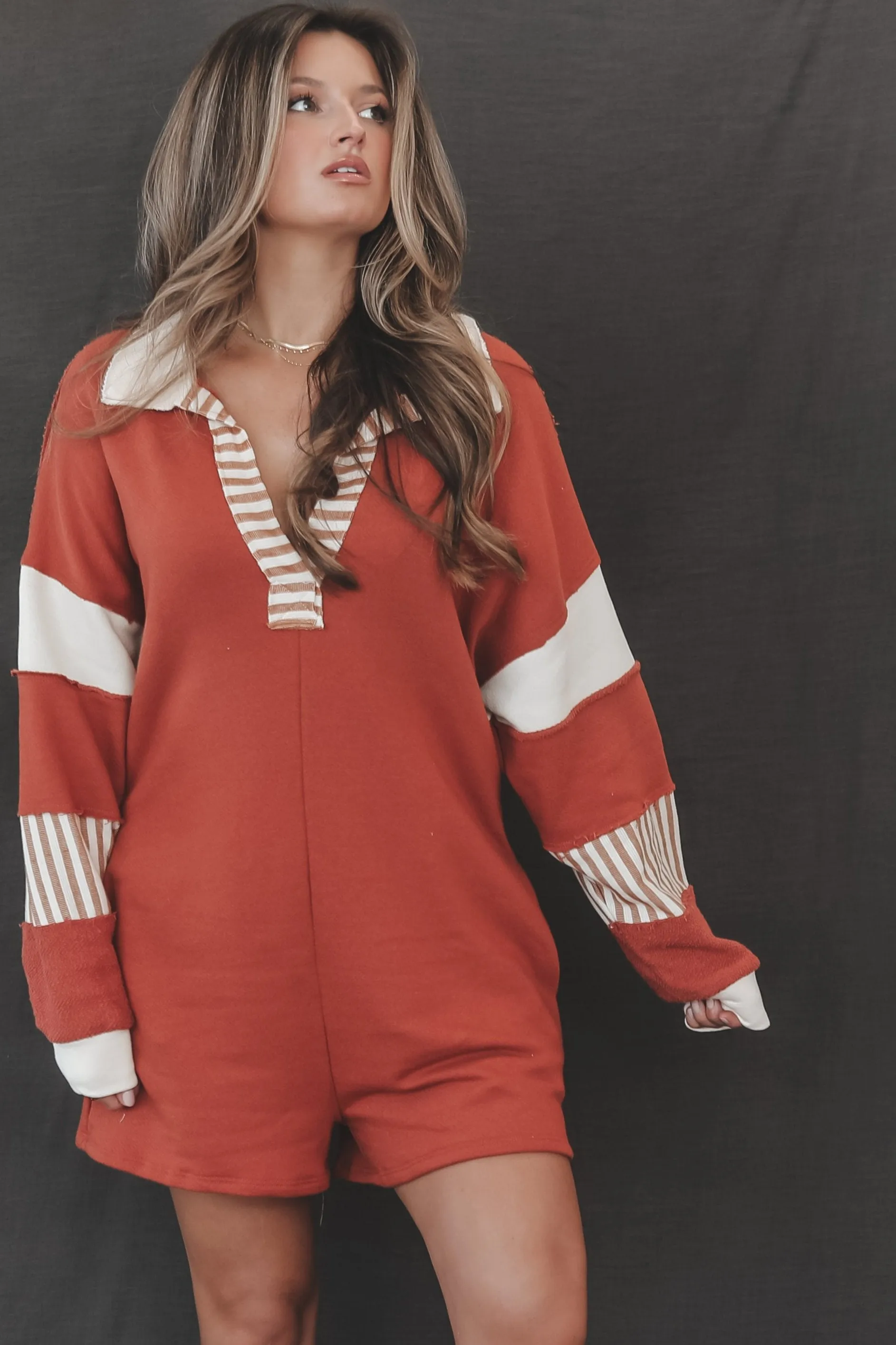 Cooler Than Cool Rust Color Block Casual Rugby Romper