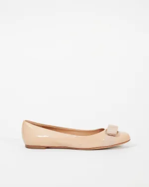 Ferragamo Nude Patent Vara Bow Ballerina Flats - 37.5