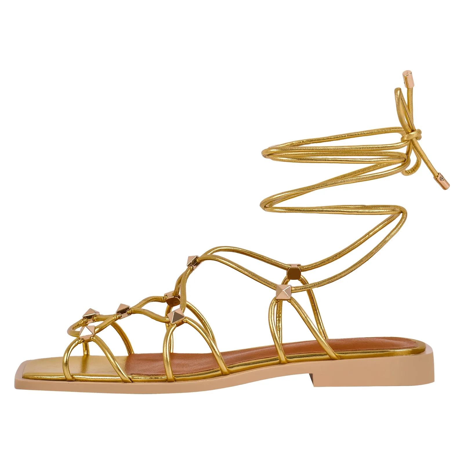 Gladiator Square Toe Rivet Lace-up Flats