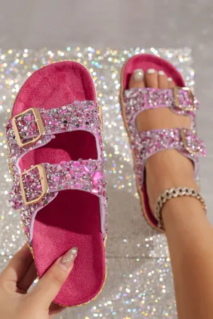 Glitter Colourful Rhinestone Double Buckles Round Toe Slippers-Fuchsia