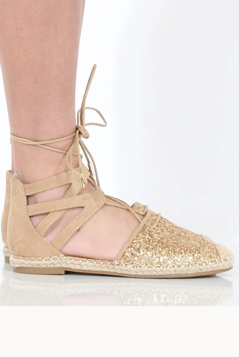 Gold Glitter Lace Up Espadrilles - Bonnie